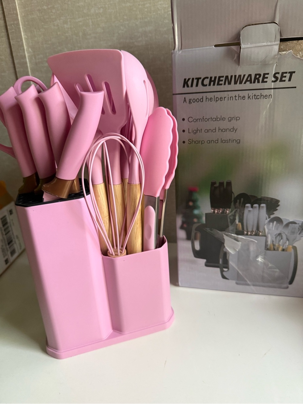 Kitchenware Set - Pink Silicone Utensils with Wooden Handles